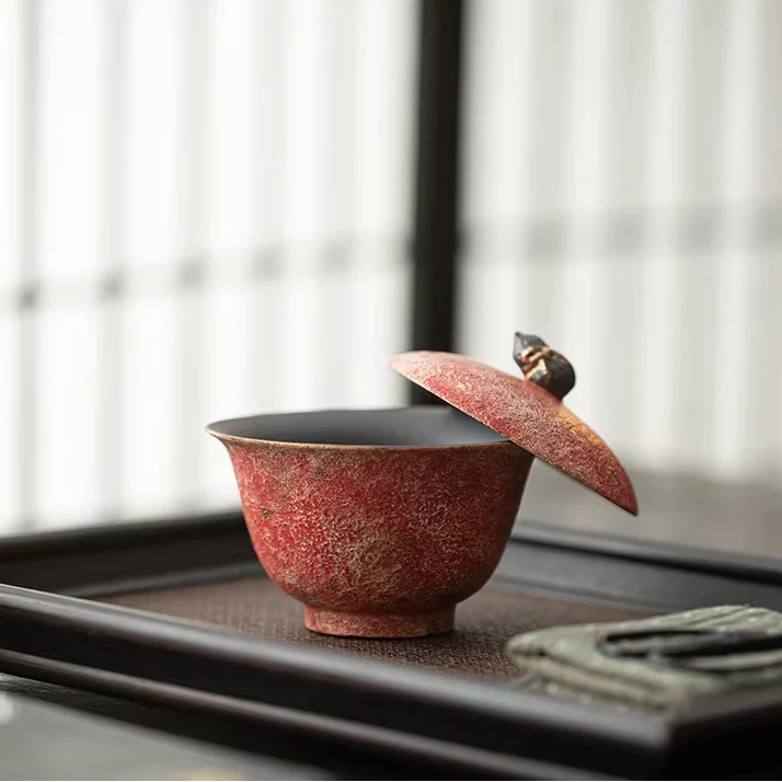 Gold Sprinkled Colorful Pottery Gaiwan with Lid Traditional Tea Bowl and Tureen