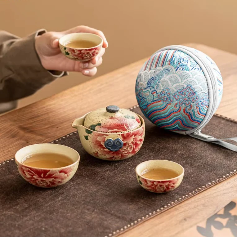 Hand Drawn Floral Ceramic Travel Tea Set with Pot and 3 Cups