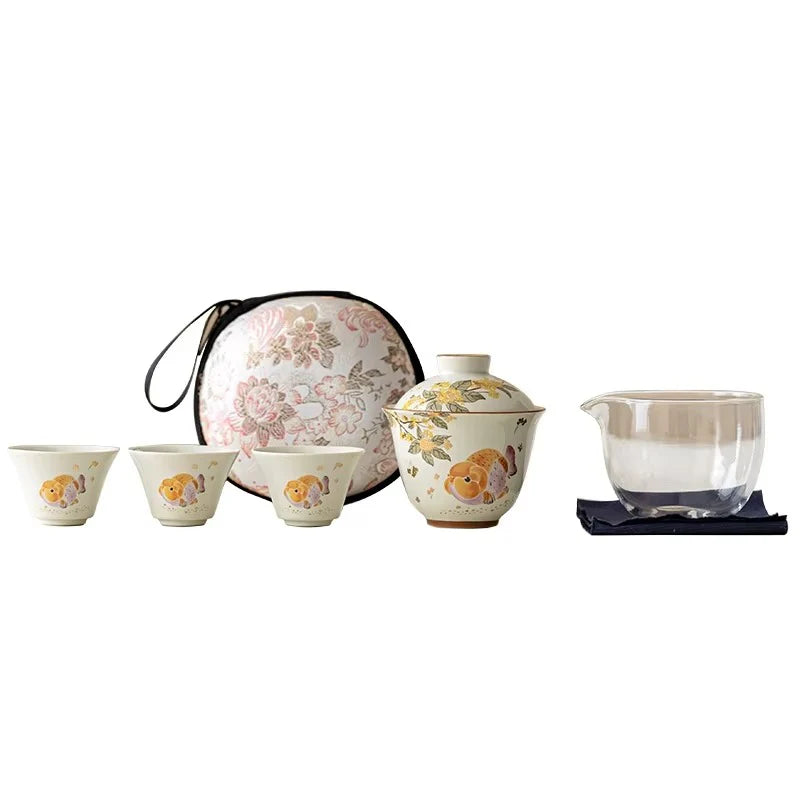 Portable Ceramic Travel Tea Set with Golden Carp Design