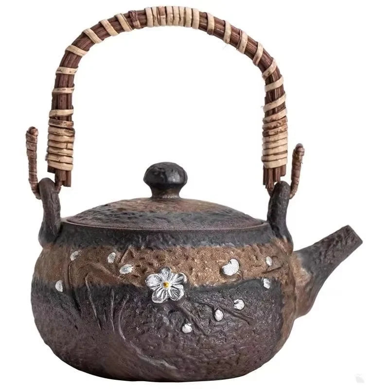 Japanese Style Handmade Ceramic Teapot with Silver Rattan Handle, 10 oz