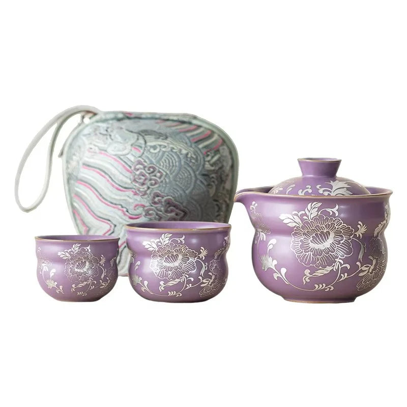 Gilded Silver Lotus Gourd Travel Tea Set