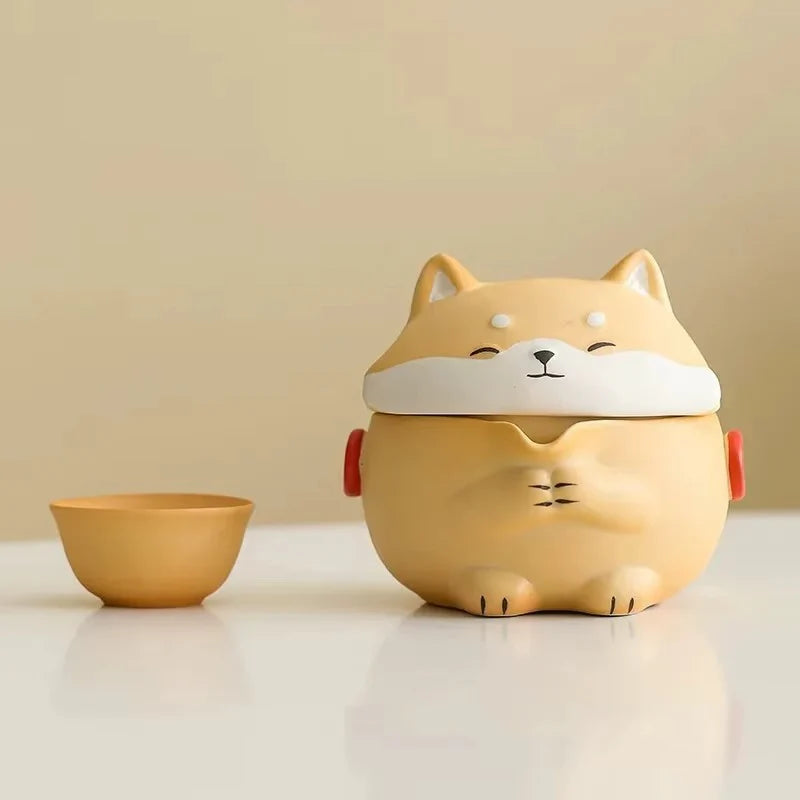 Portable Ceramic Travel Tea Set with Shiba Inu Design