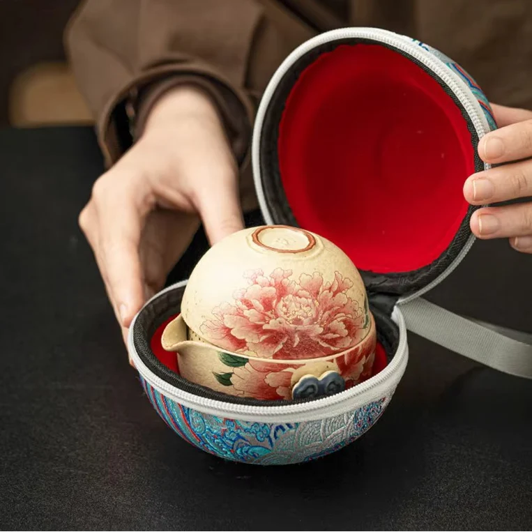 Hand Drawn Floral Ceramic Travel Tea Set with Pot and 3 Cups