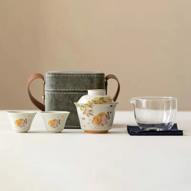 Portable Ceramic Travel Tea Set with Golden Carp Design