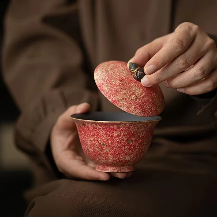 Gold Sprinkled Colorful Pottery Gaiwan with Lid Traditional Tea Bowl and Tureen