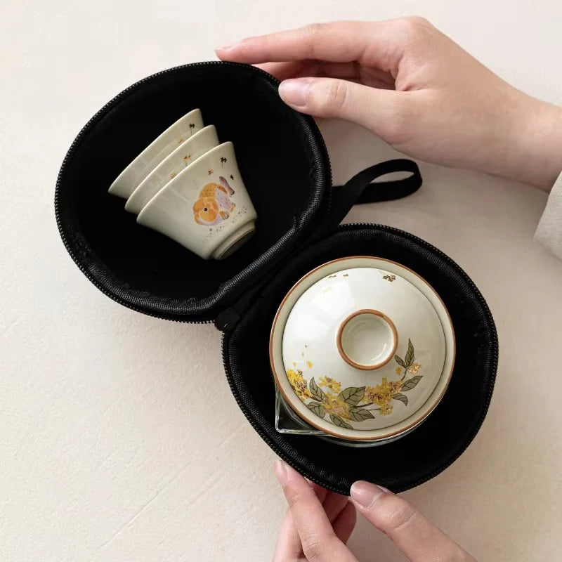 Portable Ceramic Travel Tea Set with Golden Carp Design