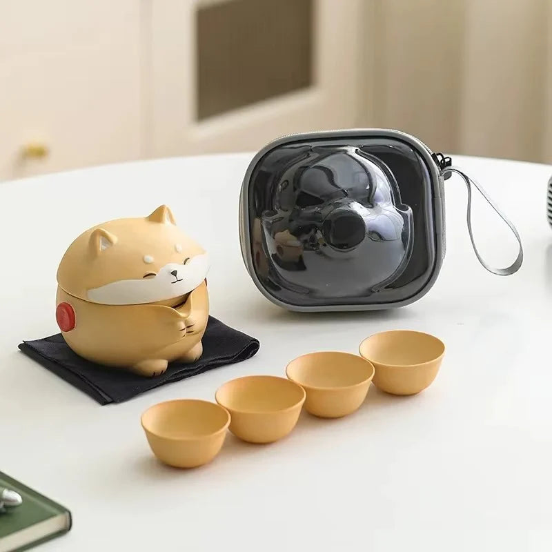 Portable Ceramic Travel Tea Set with Shiba Inu Design