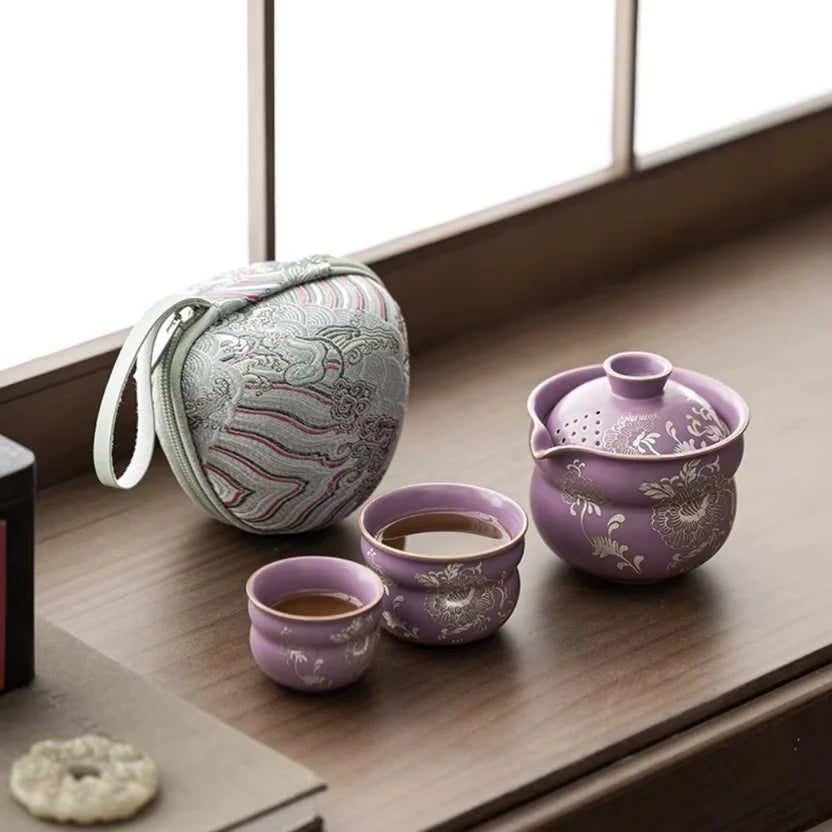 Gilded Silver Lotus Gourd Travel Tea Set