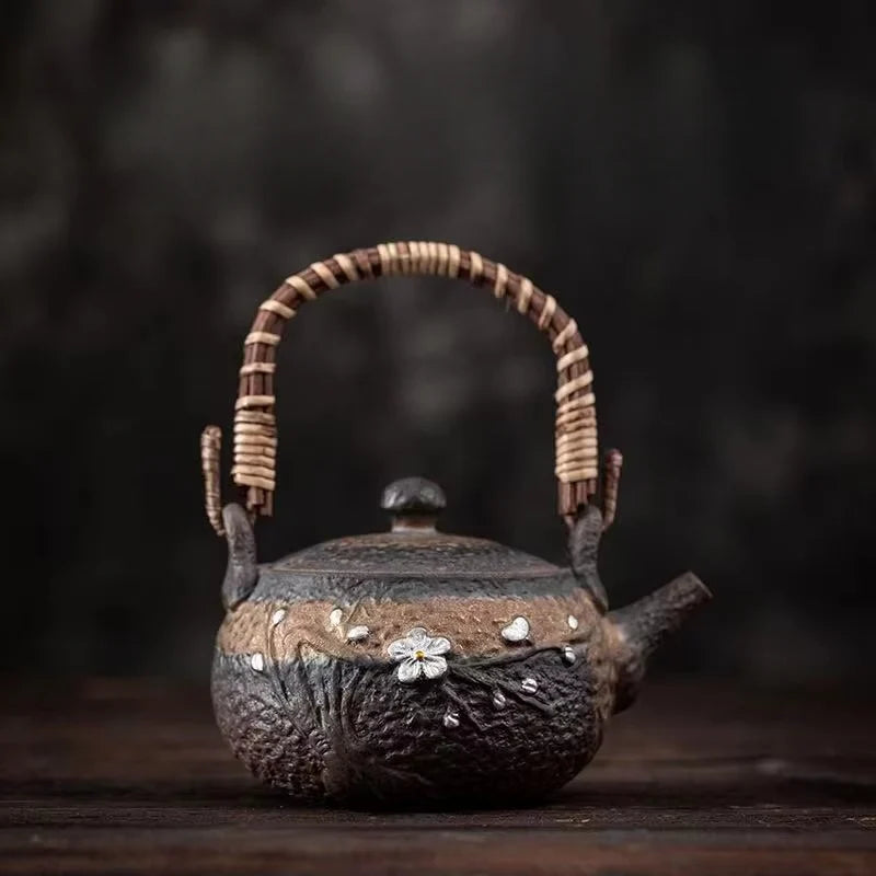 Japanese Style Handmade Ceramic Teapot with Silver Rattan Handle, 10 oz