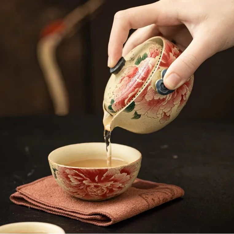 Hand Drawn Floral Ceramic Travel Tea Set with Pot and 3 Cups
