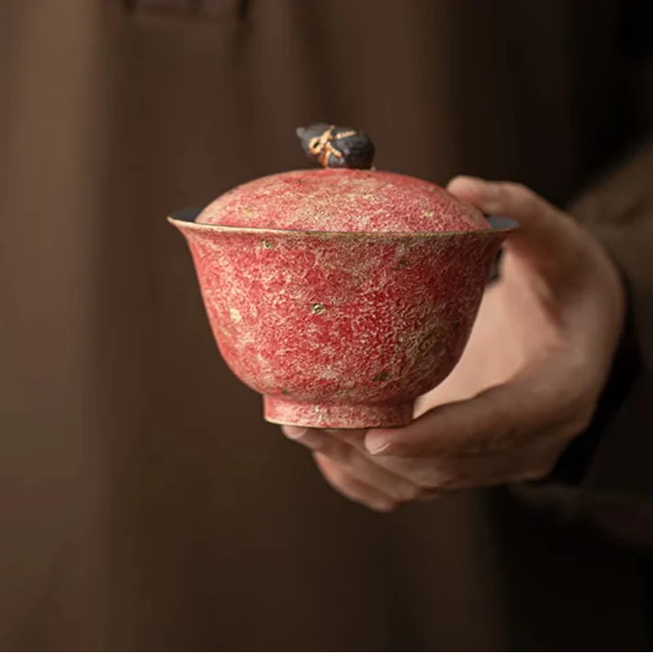 Gold Sprinkled Colorful Pottery Gaiwan with Lid Traditional Tea Bowl and Tureen