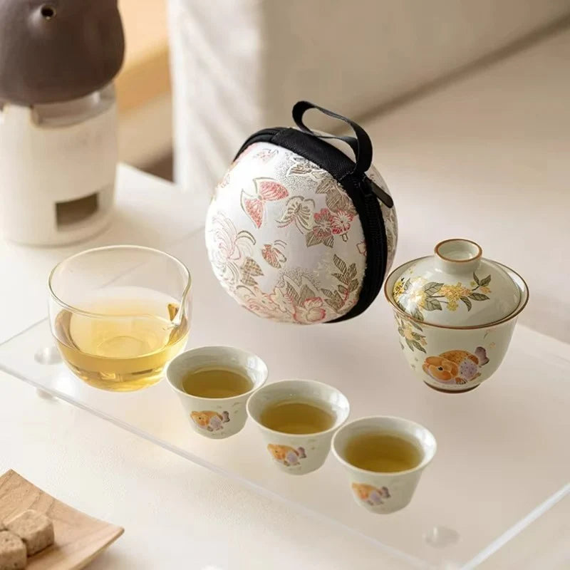 Portable Ceramic Travel Tea Set with Golden Carp Design