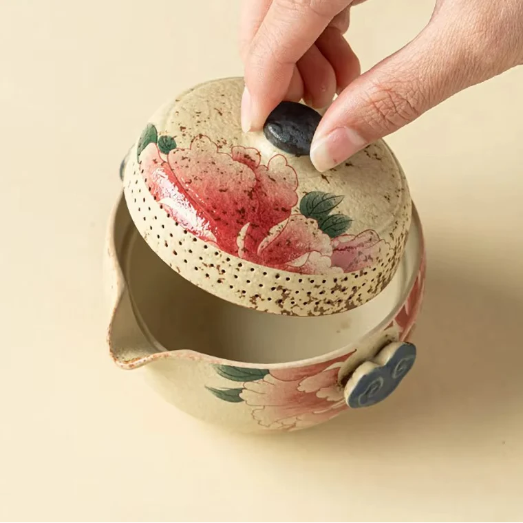 Hand Drawn Floral Ceramic Travel Tea Set with Pot and 3 Cups