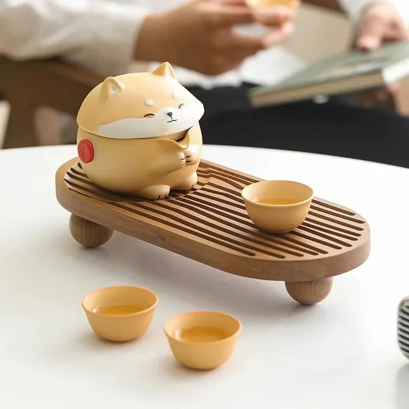 Portable Ceramic Travel Tea Set with Shiba Inu Design