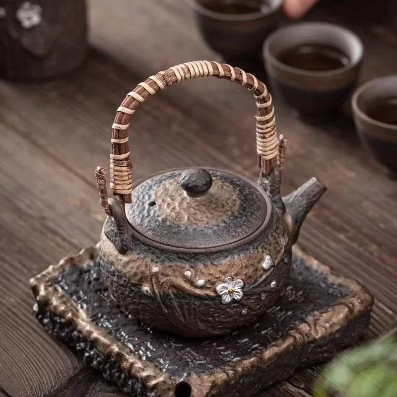 Japanese Style Handmade Ceramic Teapot with Silver Rattan Handle, 10 oz