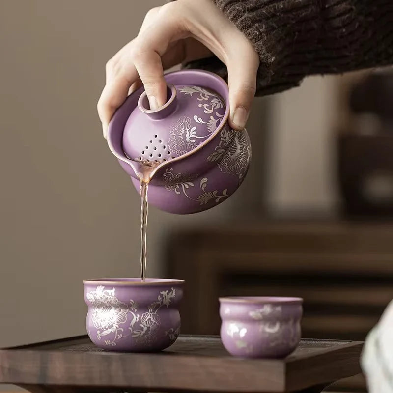 Gilded Silver Lotus Gourd Travel Tea Set