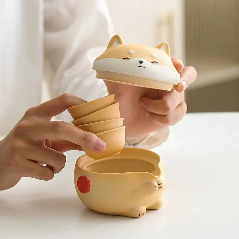 Portable Ceramic Travel Tea Set with Shiba Inu Design