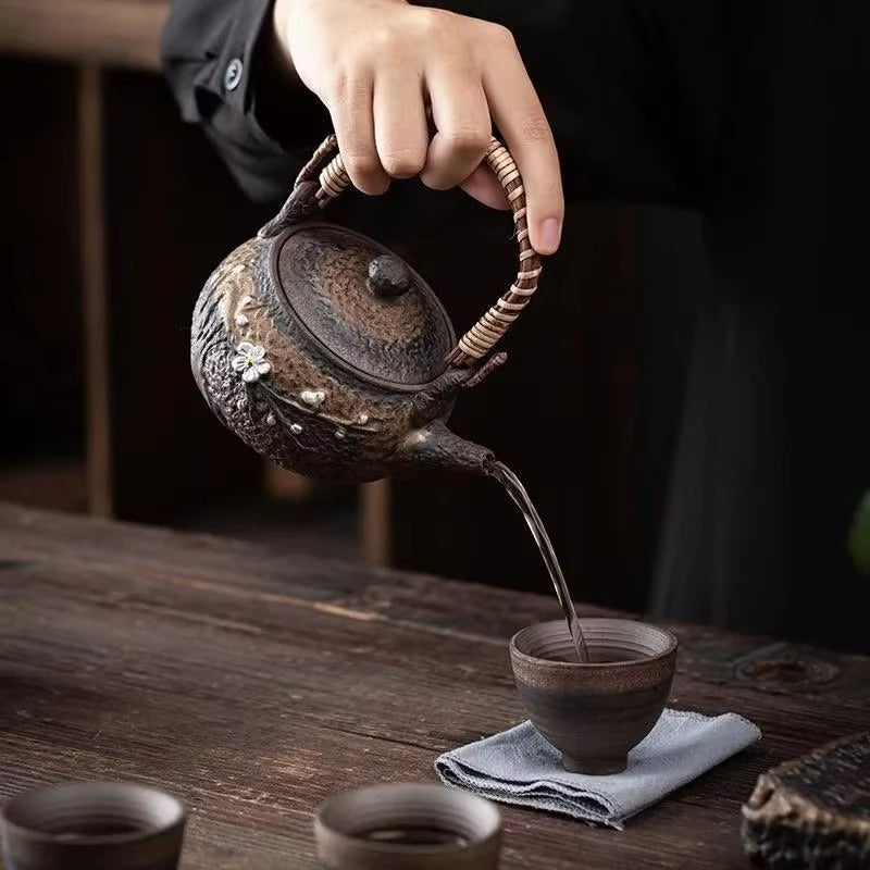 Japanese Style Handmade Ceramic Teapot with Silver Rattan Handle, 10 oz