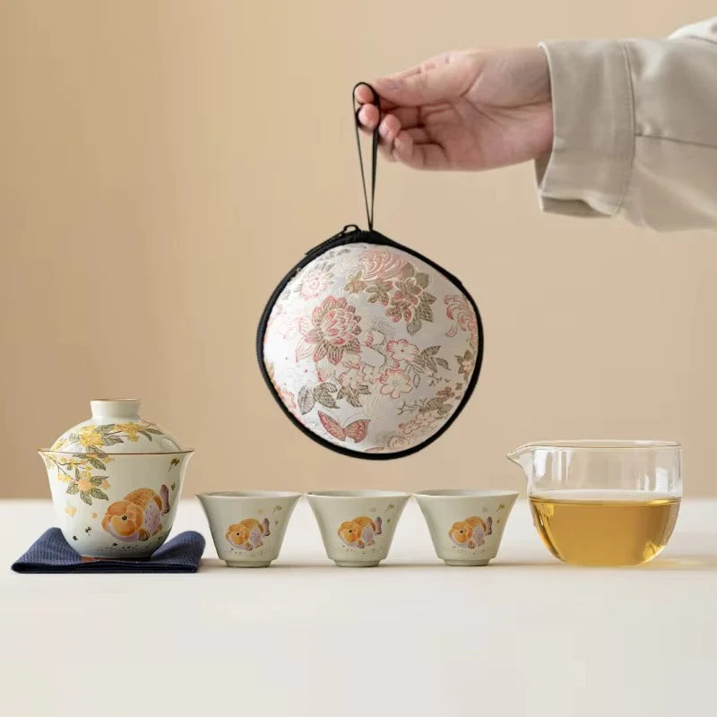 Portable Ceramic Travel Tea Set with Golden Carp Design